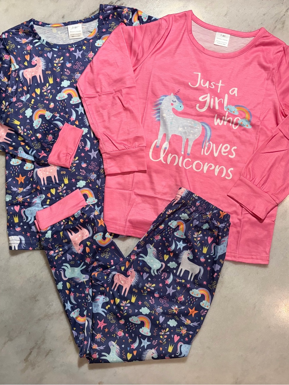 Girls' Unicorn Pajama Set - Pink Top with Navy Unicorn Print Pants